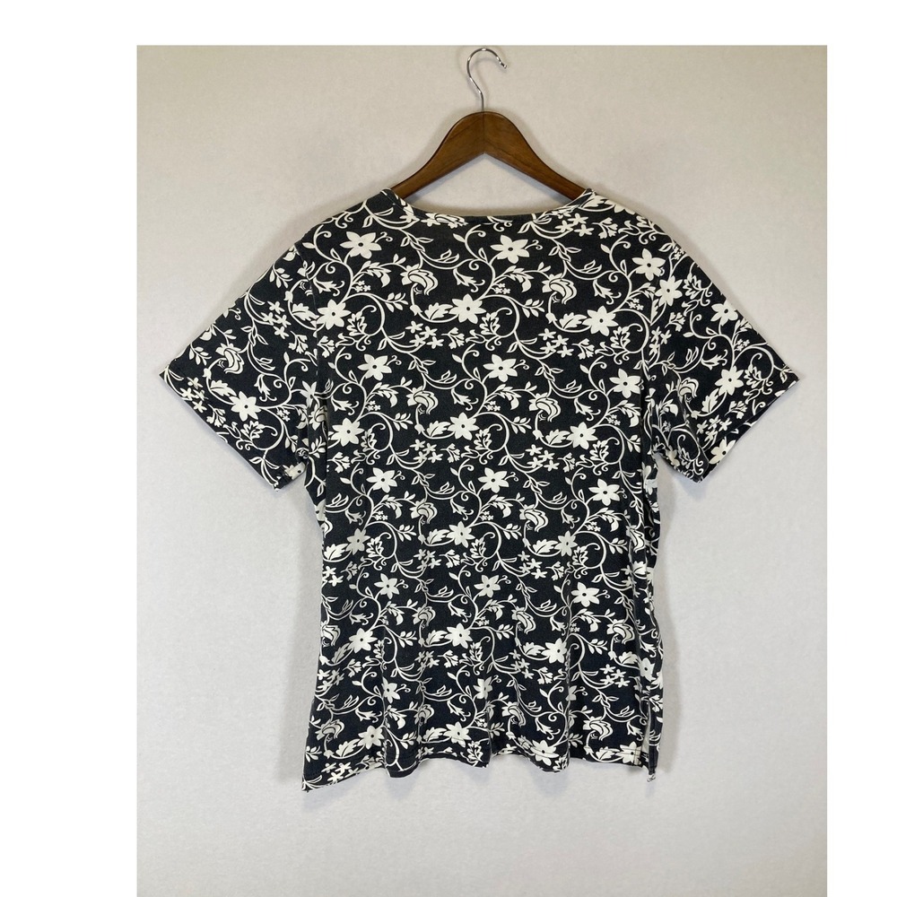 Cottagecore Blair Women XLG Black White Floral Vine Knit Short Sleeve Scoop Top - Picture 2 of 8